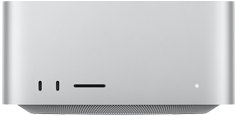 Mac Studio, μπροστινή όψη, δύο θύρες USB-C, υποδοχή κάρτας SDXC, λυχνία ένδειξης κατάστασης, κωνική βάση στο κάτω μέρος, επίπεδο επάνω μέρος, στρογγυλεμένες πλευρές, ευθείες άκρες, Ασημί χρώμα, Mac Studio, πίσω όψη, αεραγωγοί από αλουμίνιο, τέσσερις θύρες Thunderbolt 5, μία Ethernet, μία υποδοχή τροφοδοσίας, δύο θύρες USB-A, μία θύρα HDMI, μία υποδοχή ακουστικών και κουμπί λειτουργίας