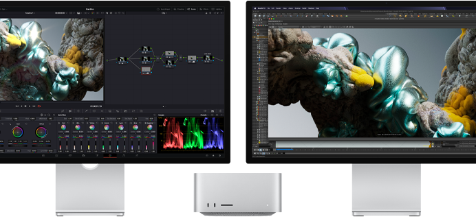 Οθόνη Studio Display και οθόνη Studio Display XDR, μία δίπλα σε κάθε πλευρά του Mac Studio, οι οποίες εμφανίζουν τον χώρο εργασίας του καλλιτέχνη, λογισμικό και εργαλεία μοντέλων 3D