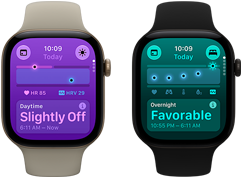 Dva uređaja Apple Watch Series 12: svijetlo zlatno aluminijsko kućište, Dnevne vitalne funkcije blago odstupaju, Digital Crown, sportski remen boje pijeska, crno aluminijsko kućište, povoljne Vitalne funkcije tijekom noći, Digital Crown, sportski remen u crnoj boji