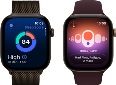 Dva uređaja Apple Watch Series 12, aluminijsko kućište, tamna brončana boja, kružni grafikon s rezultatom spavanja, Digital Crown, tamnobrončana narukvica Milanese, aluminijsko kućište, svijetlo zlatna boja, Praćenje ciklusa, bordo sportski remen