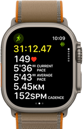 Apple Watch Ultra 4, kućište od titanija, prirodna boja, napredna mjerenja treninga Trčanje na otvorenom, desna bočna strana, Digital Crown, izdignuta bočna tipka, narukvica Trail, boja pijeska