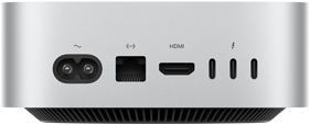 Mac mini, stražnja strana, utičnica za napajanje, priključak za Ethernet, priključak HDMI, tri priključka Thunderbolt