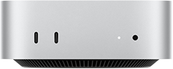 Mac mini, sprijeda, dva priključka Thunderbolt, svjetlosni indikator statusa i priključak za slušalice, postolje suženo pri dnu, ravni gornji dio, zaobljeni uglovi, ravni rubovi, srebrna boja
