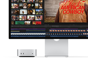 Mac mini uparen sa Studio Displayem, na zaslonu je prikazan naslov filma Black American Cowboy s desne strane, nekoliko statičnih slika s lijeve strane