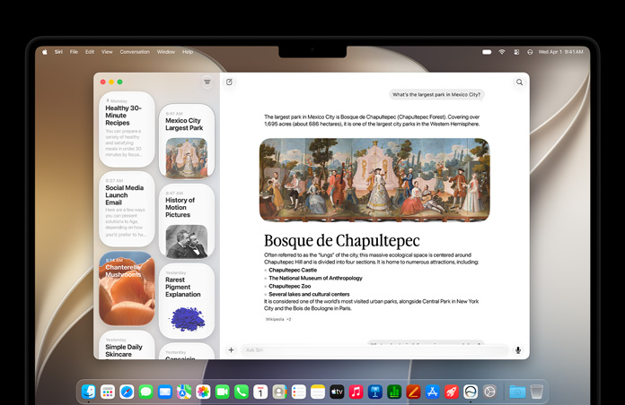 ( IMG ) Egy 14 hüvelykes asztrofekete MacBook Pro kijelzőjén a Siri appban egy aktív Siri AI-beszélgetés mellett több korábbi beszélgetés is megjelenik az oldalsávon.