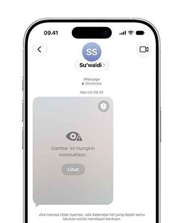 iPhone menampilkan peringatan fitur Keamanan Komunikasi kepada pengguna atas kemungkinan materi sensitif yang sedang dilihat di Akun Anak.