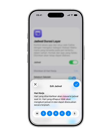 iPhone menampilkan antarmuka penjadwalan, yang meminta pengguna untuk mengedit alokasi harian untuk Akun Anak.