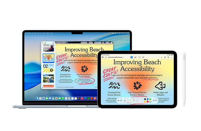 Mac dan iPad menampilkan presentasi yang sama dengan penanda Apple Pencil berwarna merah, menunjukkan kontinuitas di berbagai perangkat, dengan tampilan depan Apple pencil