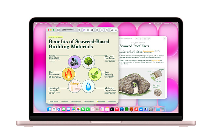 MacBook Neo dengan aplikasi Pages dan Catatan yang terbuka menampilkan presentasi atap rumput laut, menyoroti performa