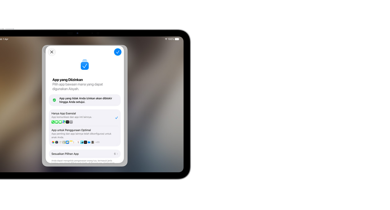 iPad Pro 11, Perak, layar menampilkan aplikasi Asisten Pengaturan dengan pilihan aplikasi yang dapat dipilih orang tua untuk anak mereka