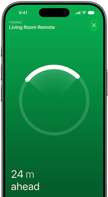 iPhone, Find My app on screen, text reads: Finding Living Room Remote, circular locator ring with bright arc pointing towards the remote's direction, text reads: 80 ft ahead