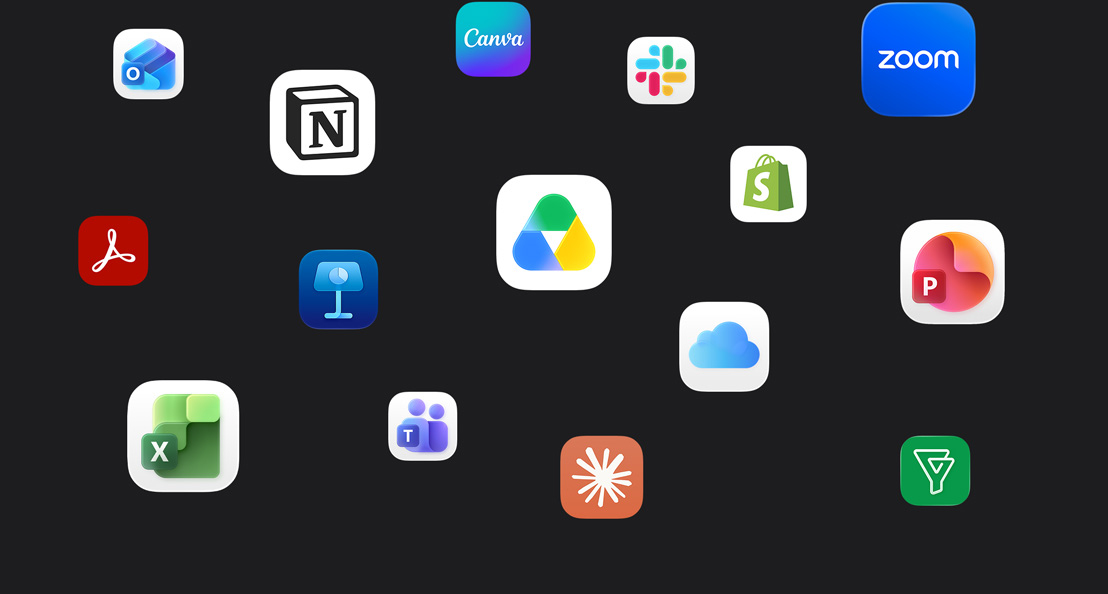 App icons scattered across a dark background: Microsoft Teams, Microsoft Excel, Canva, Shopify, Microsoft Powerpoint, Claude, Zoom, Notion, Keynote, Slack, Salesforce, Quickbooks, Google Drive, Acrobat Reader, Microsoft Outlook