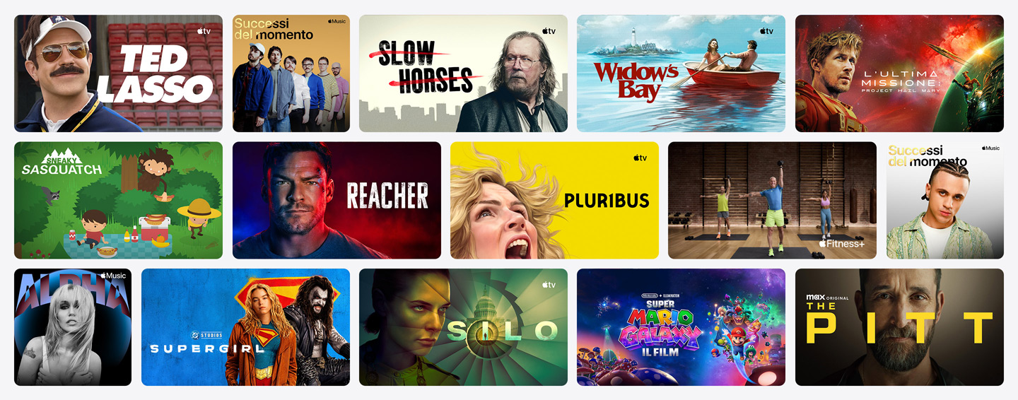 Una griglia di locandine di Apple TV, Apple Music, Apple Fitness+, Apple Arcade e dei partner di canale