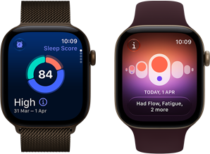 Du „Apple Watch Series 12“: tamsios bronzinės spalvos aliuminio korpusas, miego įvertinimo diagrama, „Digital Crown“ ir tamsios bronzinės spalvos „Milanese Loop“ apyranke; šviesaus aukso spalvos aliuminio korpusas, programa „Ciklo stebėjimas“ ir Burgundijos spalvos sportinis dirželis