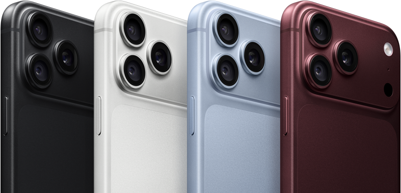 „iPhone 18 Pro“ telefonai išrikiuoti eilėje, galinė pusė, visos keturios spalvos: juoda, ledynų, sidabro, Burgundijos, „Pro Fusion“ kamerų sistema viršutiniame kairiajame kampe, 3 objektyvai, mikrofonas, blykstė
