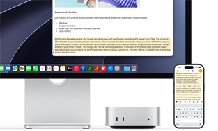 Iš priekio matomas „Mac mini“ pastatytas po „Studio Display“, o jų dešinėje padėtas „iPhone“. „iPhone“ ekrane pažymėtas tekstas, o virš jo rodomos komandos „Iškirpti“, „Kopijuoti“, „Įklijuoti“ ir „Automatinis pildymas“. Tas pats tekstas paryškintas ir „Studio Display“ ekrane – taip parodoma, kaip veikia universali iškarpinė.