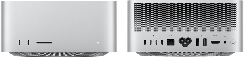 „Mac Studio“, priekinė pusė: du USB-C prievadai, SDXC kortelių lizdas, būsenos indikatoriaus lemputė, apačioje siaurėjantis pagrindas, plokščias viršus, užapvalinti šonai, tiesūs kraštai, sidabrinė spalva; „Mac Studio“, galinė pusė: perforuoto aliuminio ventiliacijos angos, keturi „Thunderbolt 5“ prievadai, vienas eterneto prievadas, vienas maitinimo lizdas, du USB-A prievadai, vienas HDMI prievadas, viena ausinių jungtis ir maitinimo mygtukas