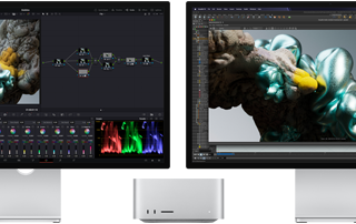 „Studio Display“ ir „Studio Display XDR“ monitoriai, po vieną iš abiejų „Mac Studio“ pusių, kuriuose matoma menininko darbo erdvė, 3D modeliavimo programinė įranga ir įrankiai