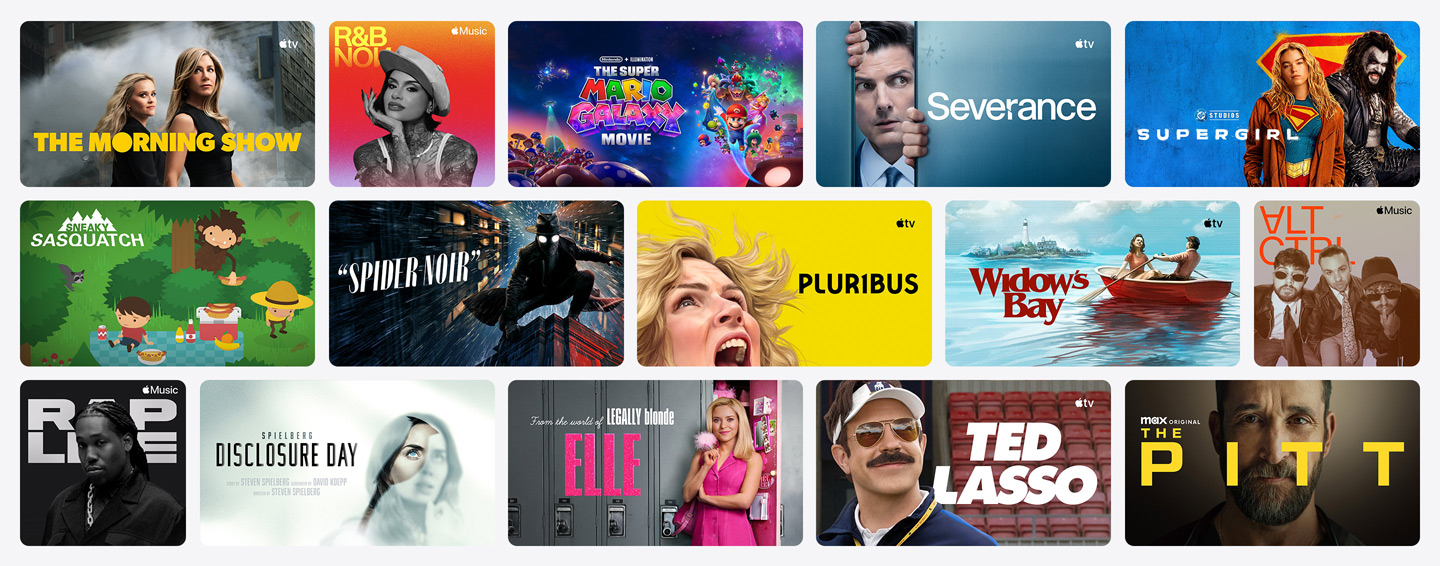 Sélection d’affiches de contenus Apple TV, Apple Music, Apple Fitness+, Apple Arcade et de chaînes partenaires