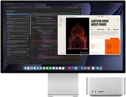 Studio Display XDR, ekrānā redzams dokumenta rediģēšanas process Claude Agent ar XCode, Mac Studio, skats no priekšpuses