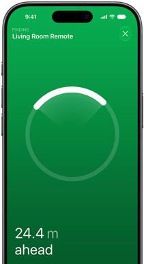 iPhone, Find My app on screen, text reads: Finding Living Room Remote, circular locator ring with bright arc pointing toward the remote's direction, text reads: 80 ft ahead