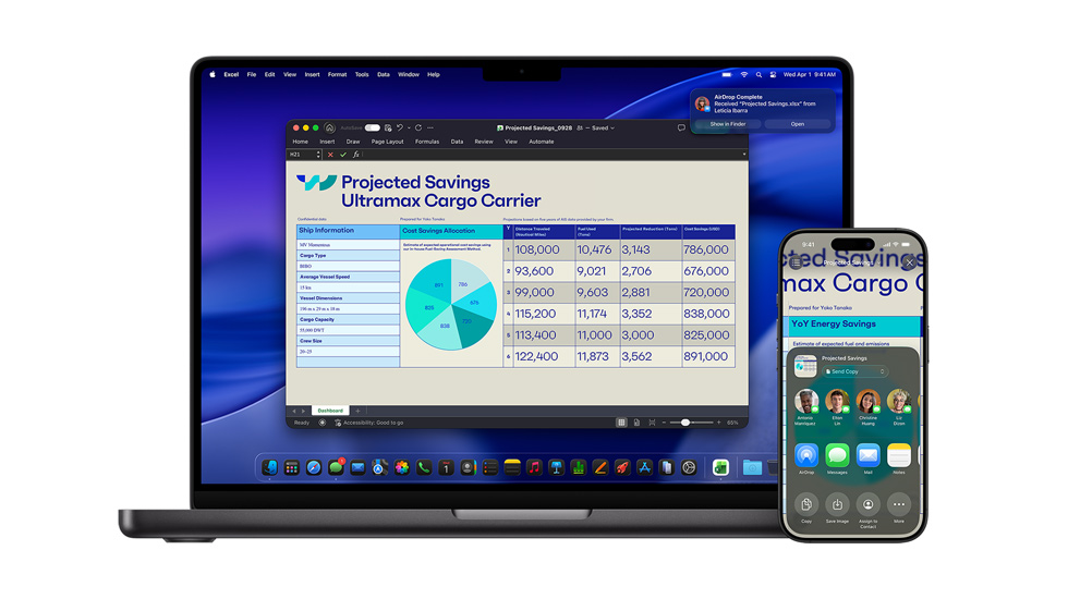 A Mac and iPhone displaying an Excel document. On Mac, the macOS Tahoe screensaver is in the background.