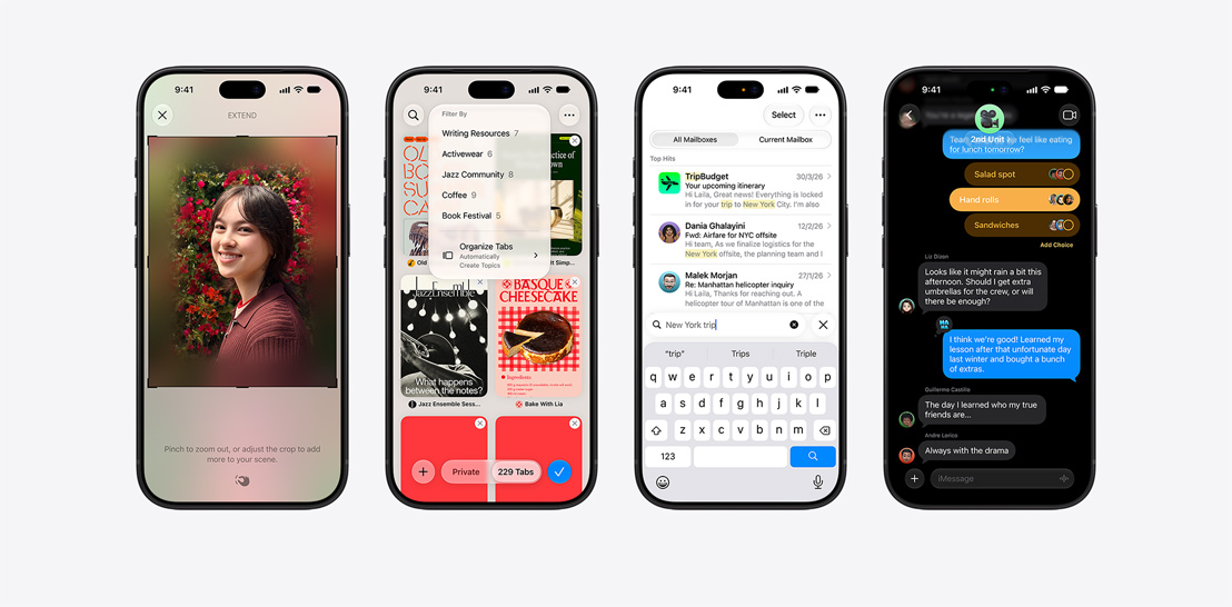 Four iPhone 18 Pro models, close-up front exteriors, each displaying various iOS features. From left to right, iPhone 18 Pro, screen displaying a team debrief being scheduled by Siri AI, iPhone 18 Pro, screen displaying the Siri App, grid of cards representing past interactions, featuring topics like “Healthy 30 Minute Recipes,” “Mexico City Largest Park” with an accompanying image, and “Social Media Launch Email”, iPhone 18 Pro, screen displays an active phone call with “Passenger Airways” with a Call Context card on the bottom of the screen with relevant flight confirmation details, including the booking code, route from JFK to RAK, and flight times, with a note indicating the information was “Found in Mail”, iPhone 18 Pro, screen displays a conversation with Siri AI, asking about the color of a tablecloth.
