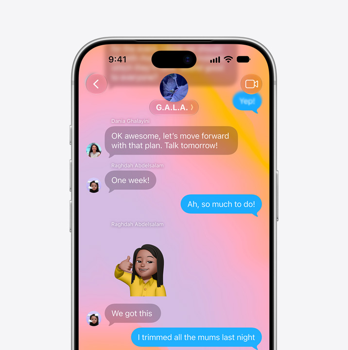 iPhone screen open to Messages app. Screen shows text conversation between two people that includes a Memoji.