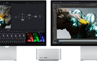 شاشة Studio Display وشاشة Studio Display XDR، كل واحدة منهما موضوعة على أحد جانبي جهاز Mac Studio، تعرضان مساحة عمل فنية، برنامج وأدوات لتصميم نماذج ثلاثية الأبعاد
