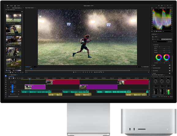 شاشة Studio Display XDR مع قاعدة مدمجة، جهاز Mac Studio يستقر أسفل الشاشة بشكل متناسق، شاشة تعرض مسار عمل لأدوات تعديل الفيديو وتدرجات الألوان