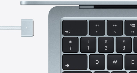 MacBook Air in Sky Blue color with color-matched MagSafe cable