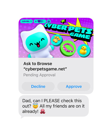 شاشة تعرض رسالة نصية مع لقطة شاشة لموقع cyberpetsgame.net، يظهر زر رفض وزر موافقة أسفل الرسم، نص الرسالة هو Dad, can I please check this out, all my friends are on it already
