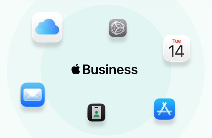 Apple Business, rodeado de íconos de apps: iCloud, Configuración, Mail, Calendario, App Store, app Apple Business