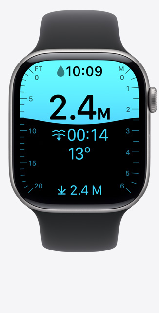 Apple Watch Series 11, caja de aluminio, gris espacial, pantalla de la app Profundidad, inmersión a 2.4 metros