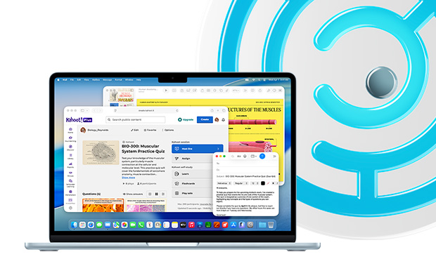 MacBook, Sky Blue, open laptop displaying educational content in Keynote, Mail and Safari showing Kahoot!, including “BIO-200 Muscular System Practice Quiz”