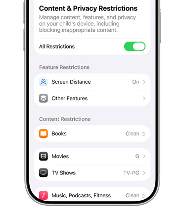 iPhone displaying content and privacy restrictions options for Child Account.