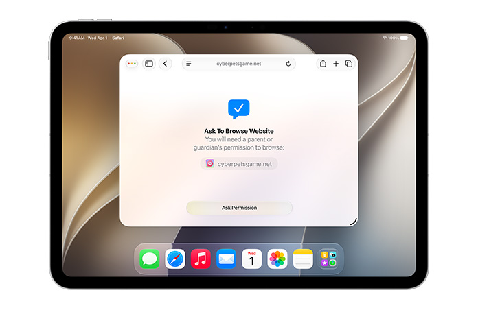 iPad displaying Ask to Browse interface, notifying the user that they need permission to browse with “Ask permission” button below.