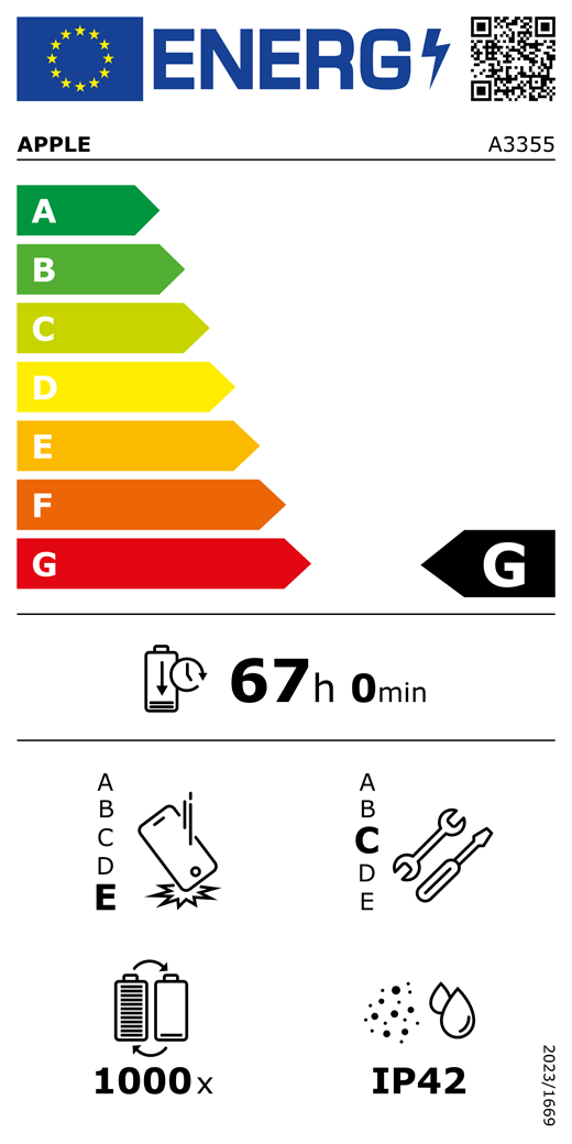 Etykieta energetyczna UE, kod QR i informacje, model Apple A3355, klasa G, klasy efektywności energetycznej (w skali od A do G), od A (najwyższa efektywność) do G (najniższa efektywność), trwałość baterii na cykl, 67 godzin i 0 minut na pełne naładowanie baterii, wytrzymałość na spadki swobodne wielokrotne klasy E, od A (największa solidność) do E (najmniejsza solidność), możliwość naprawy klasy C, od A (największa możliwość naprawy) do E (najmniejsza możliwość naprawy), trwałość baterii w cyklach 1000, ochrona przed wnikaniem pyłu i wody (IP) klasy IP42, rozporządzenie 2023/1669
