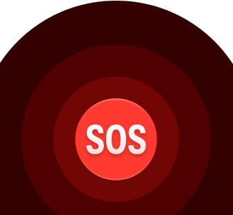 Pictograma S.O.S. urgențe, cercuri roșii concentrice cu un S.O.S. alb în centru