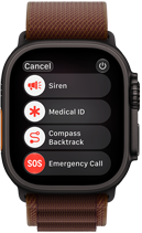 Apple Watch Ultra 4, carcasă din titan, culoare Negru, partea exterioară dreaptă, Digital Crown, buton lateral reliefat, brățară Alpină, culoare Roșu burgund