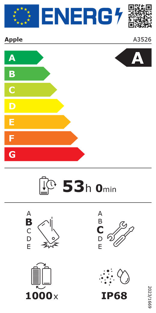 Cod QR și informații privind Eticheta energetică UE, model Apple A3526, clasa A, clase de eficiență energetică (pe o scară de la A la G), de la A (eficiență maximă) la G (eficiență minimă), anduranța bateriei per ciclu, 53 ore și 0 minute la o încărcare completă a bateriei, clasa B de fiabilitate la căderi repetate, de la A (robustețe maximă) la E (robustețe minimă), potențial de reparare clasa C, de la A (potențial de reparare maxim) la E (potențial de reparare minim), 1000 de cicluri de anduranță a bateriei, protecție împotriva pătrunderii prafului și a apei (IP) cu clasificare IP68, regulament 2023/1669