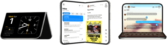iPhone Duo, în diverse poziții: dispunere orizontală deschisă inversă, desfășurat în unghi ușor, ecran exterior, design cu ecranul de la o margine la alta. Ușor deschis, ca o carte, în poziție verticală. Dispunere orizontală, desfășurat în unghi drept, ecran interior, design cu ecranul de la o margine la alta