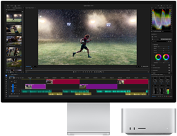Studio Display XDR cu suport încorporat, Mac Studio se potrivește perfect sub ecran, flux de lucru cu instrumente de editare video și gradare a culorilor pe ecran
