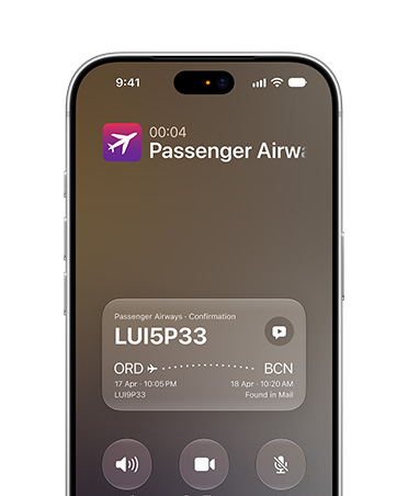 iPhone 18 Pro, Silver, screen displaying Call Context feature powered by Apple Intelligence, airline confirmation details while on a call