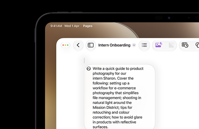 Top left corner of iPad, screen displays open Pages document, prompt for Write with Siri to draft copy