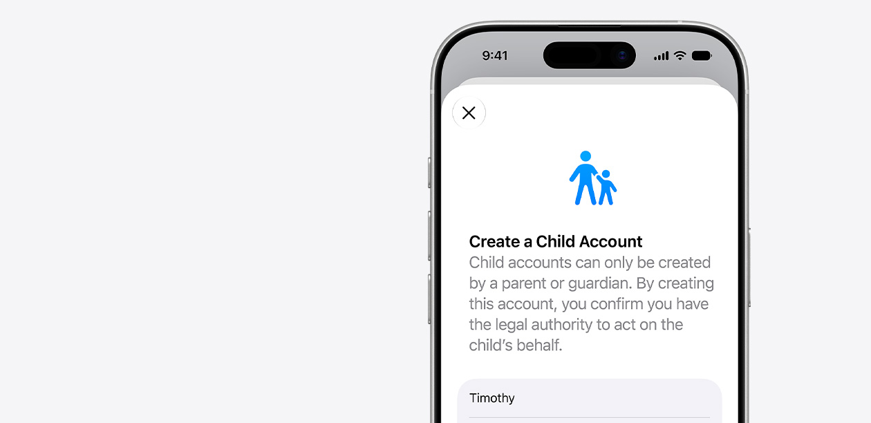 iPhone displaying Child&nbsp;Account setup interface with icon of an adult and child above fields for the child’s name.