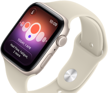Apple Watch Se 3, hliníkový kryt vo farbe hviezdna biela, Sledovanie cyklu s rôznymi menštruačnými príznakmi, pohľad zvonku na pravú stranu, korunka Digital Crown, bočné tlačidlo, športový remienok vo farbe piesková béžová