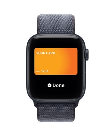 Apple Watch SE 3, hliníkový kryt vo farbe polnočná, Apple Pay v Apple Peňaženke, pohľad zvonku na pravú stranu, korunka Digital Crown, remienok, športová slučka vo farbe oceľová modrá