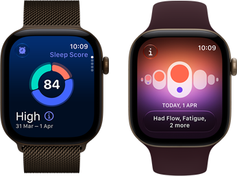 Dve zariadenia Apple Watch Series 12, hliníkový kryt v tmavobronzovej farbe, kruhový graf spánkového skóre, korunka Digital Crown, milánska slučka v tmavobronzovej farbe, hliníkový kryt v svetlozlatej farbe, Sledovanie cyklu, športový remienok v burgundskej farbe