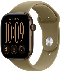 Apple Watch Series 12, hliníkový kryt v tmavobronzovej farbe, modulárny kompaktný ciferník, komplikácie: deň a dátum, tréning Beh, srdcová frekvencia, pripravenosť, pohľad zvonku na pravú stranu, korunka Digital Crown, bočné tlačidlo, športový remienok v olivovej farbe